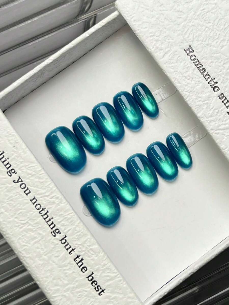 10 Peças Adesivos de Unhas Acrílicas Ovais Feitos à Mão, Unhas Azuis Minimalistas com Efeito Olho de Gato Cintilante, Unhas Luxuosas Elegantes Artesanais, Adequadas para Outono, Estética Fofa, Unhas Falsas Multiuso DIY para Festa, Uso Diário, Encontro, Praia, Férias Tropicais, Presente para Mulheres e Meninas, Reutilizáveis - Azul - Visão 1