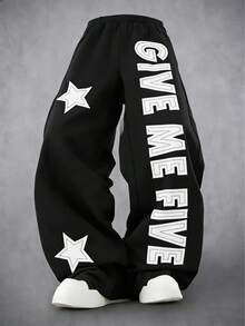 1pc Boys' Casual Street Vintage "Give Me Five" & Pentagram Embroidered Straight Leg Pants, Spring/Summer - Black - View 10