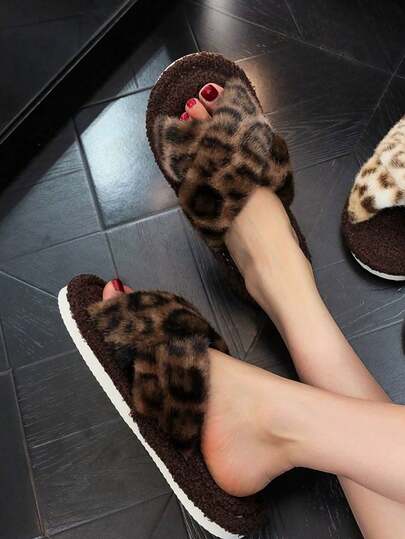 Warm And Comfortable Open-Toe Plush Slippers, Flat Leopard Print Criss-Cross Slide Sandals Suitable For Indoor Wear