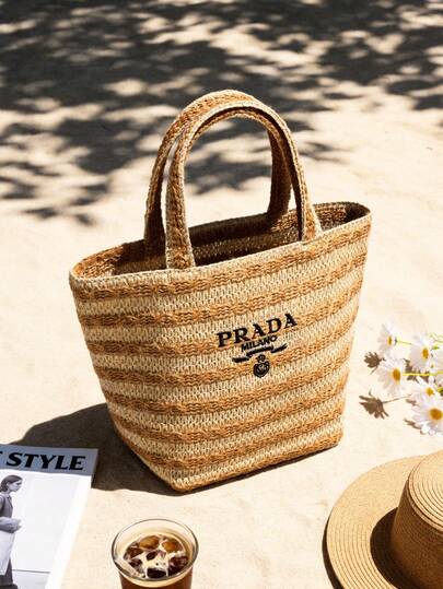 Prada Woven Tote Bag, Brown & Beige Striped Shopping Bag, Wide Woven Handles, Casual Beach Bag