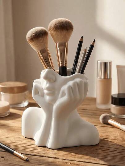 Ceramic-Look Vase, Modern White Cosmetic Storage Box, Elegant Minimalist Cosmetic Storage Box, Cosmetic Storage Box, Cosmetic Tools, Makeup Brush Holder, Cosmetic Bag, Handmade Creative Human Body Art Makeup Brush And Pen Holder - Unique Creative Human Body Art Makeup Brush Holder Pen Cup, Desktop Mounted Makeup Brush Storage Box