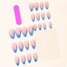 24 Pieces Of Almond Shaped Irregular Blue Cat Eye French Border 3D Three-Dimensional Gilded Detachable Fake Nail Patches - 藍色 - 查看 4