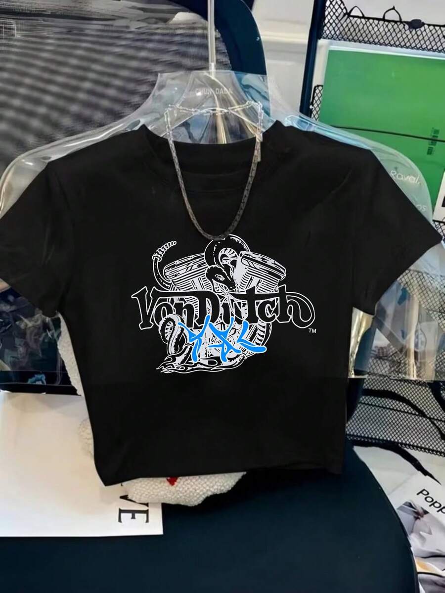 1pcs Women's Crew Neck T-Shirt Vintage Streetwear Style Van Dutch Logo Print With Snake And Star Design Casual Wear Short Sleeve Summer Breathable Tee Women's Short Top Family Gatherings Summer Trips And Festive Occasions - Black - View 1