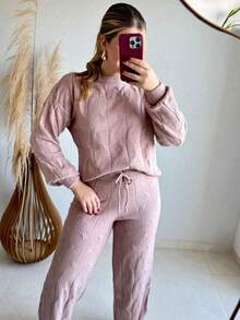 WOMEN'S WINTER MOUSSE KNITTING SET WITH PANTS AND BRAIDED BLOUSE - Baby Pink - View 3