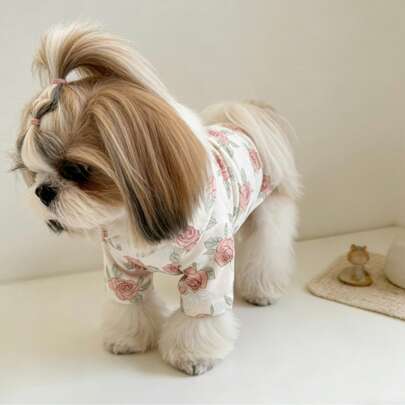 粉色玫瑰狗狗Polo衫，适合小型/中型贵宾犬泰迪熊春夏透气印花上衣，复古玫瑰宠物衬衫，碎花狗狗项圈T恤，小型犬春夏服装，边境牧羊犬泰迪贵宾犬