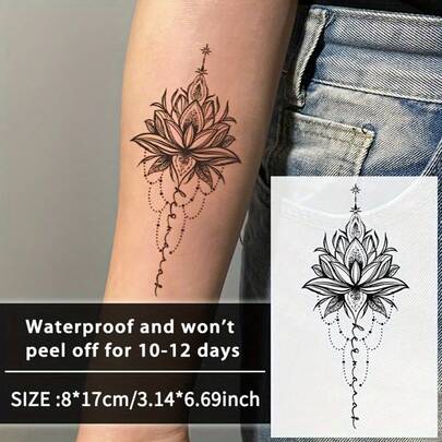 3.14英寸 x 6.69英寸 临时莲花纹身贴纸，逼真植物汁液魔法墨水，防水假纹身，椭圆形，可持续1-2周