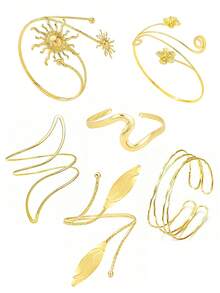 Set de 6 piezas de brazaletes de estilo geométrico minimalista de lujo, adecuados para uso diario, regalo para novia/esposa, con tema de verano - 6 piezas de oro AT016 - Ver 9