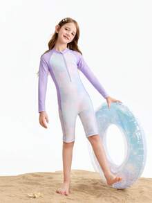 Annil 新款儿童高弹力疏水渐变泳衣，适合中小学生，保守长袖连体泳衣 - 紫調花 - 查看 3