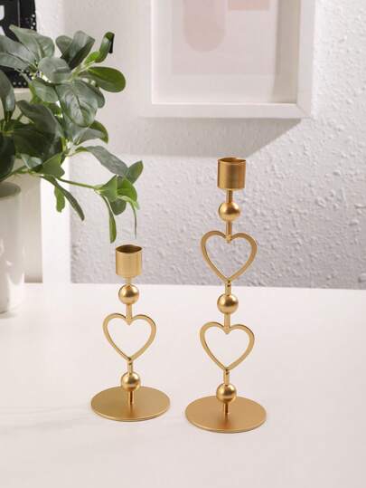 2pcs Gold Heart Shaped Candle Holders, Luxury Metal Candle Stand Base, Wedding Anniversary Celebration Candle Holder Set, Candle Centerpiece Decor For Dining Table, Living Room, Bedroom