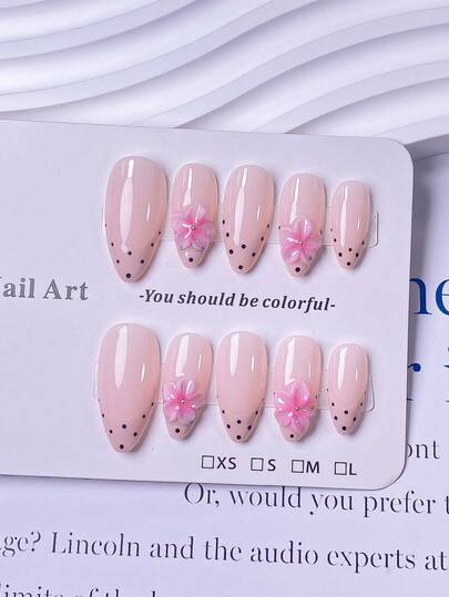10pcs Handmade Almond-Color French Manicure Nail Stickers, With Light Pink French Tips, Black Polka Dot Decor, Hand-Carved White 3D Flower Center, Minimalist Multipurpose Design. Comes With Adhesive For Easy Application And Removal. One-Step Nail Art.