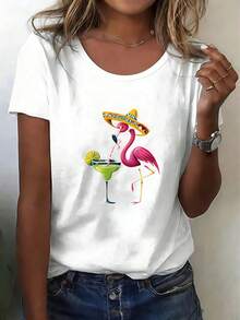 Womens Casual Cotton Short Sleeve Tee With Flamingo Print V Neck Summer Top - trắng - Xem 9