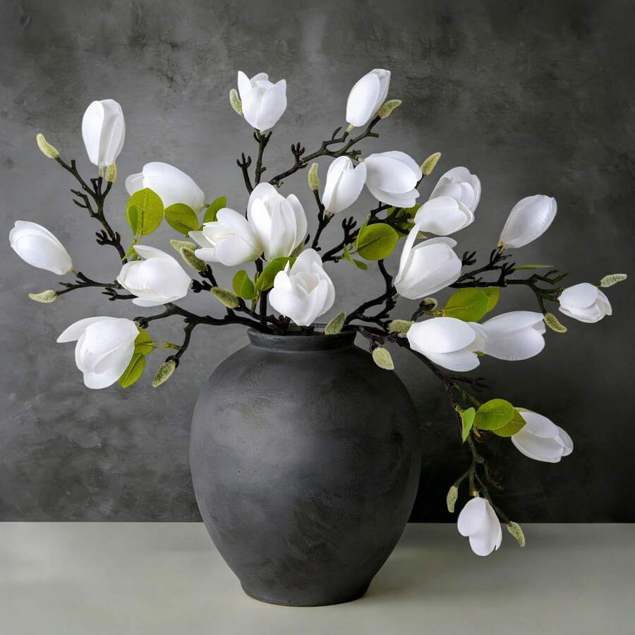 Yuejia 1/2/3支人造白色玉兰花枝，逼真花茎，适用于家居装饰、花瓶填充、桌面摆件装饰（不含花瓶）