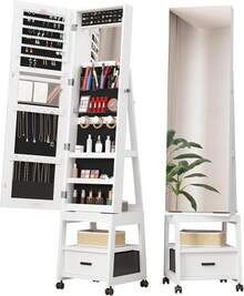 66" Full-Length Standing Mirror With Jewellery Cabinet, 360° Swivel Makeup & Accessory Organiser, Lockable Door, Bottom Drawer & Rear Storage Shelves - White - View 1