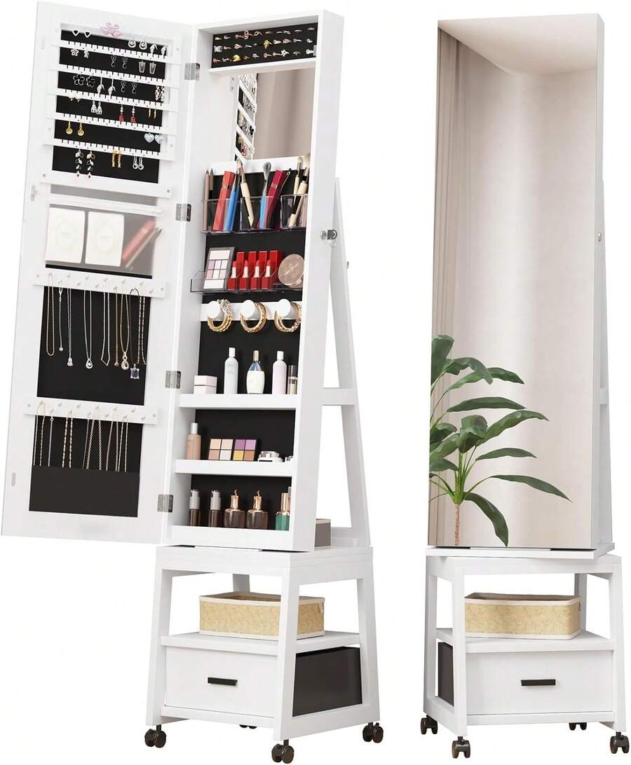 66" Full-Length Standing Mirror With Jewellery Cabinet, 360° Swivel Makeup & Accessory Organiser, Lockable Door, Bottom Drawer & Rear Storage Shelves - White - View 1