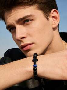 新款哑光串珠手链,配虎眼石和小十字架吊坠,黑曜石手链 - 手鍊 - 查看 4