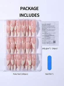 180片杏仁形渐变白色美甲贴纸，按压式亚克力全覆盖假指甲套装，包含1瓶果冻胶和1把指甲锉，适合女性和女孩日常DIY和派对使用。 - 彩色 - 查看 5
