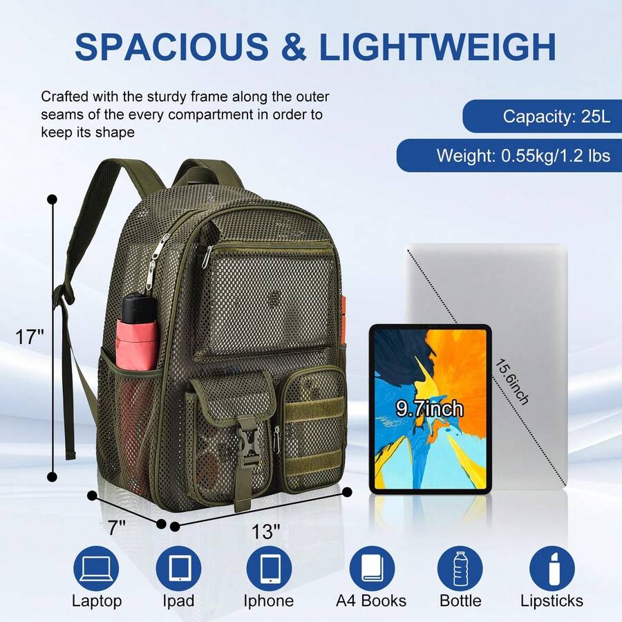 Mesh Backpack 36L Large Heavy Duty Casual Daypack For School And Outdoor Activities With Inner Laptop Compartment, Durable Polyester Material - màu xanh quân đội 27L - Xem 1