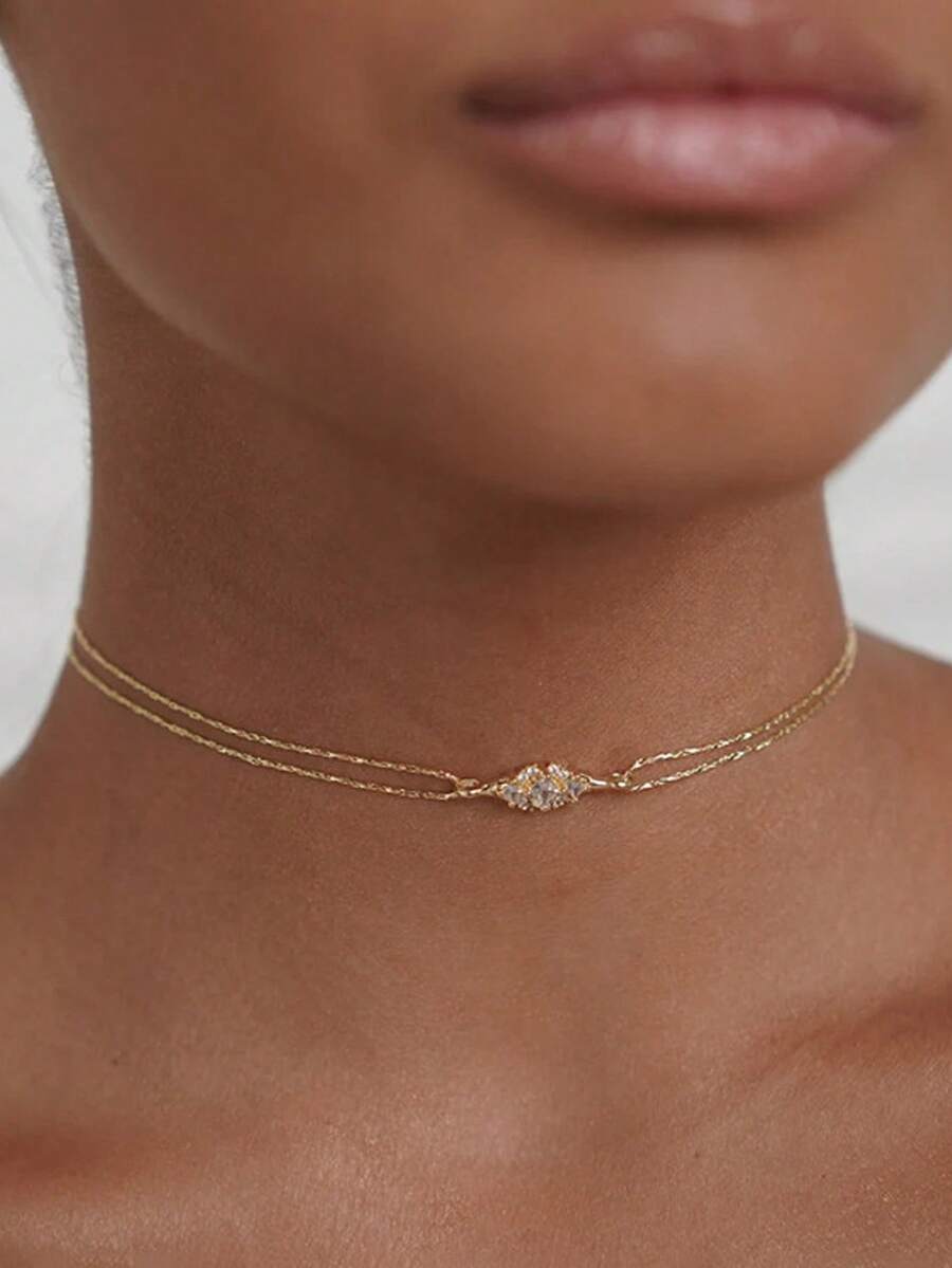 1 chiếc vòng cổ choker mạ vàng đính đá lấp lánh thời trang, thiết kế độc đáo, phụ kiện trang sức đeo hàng ngày dành cho nữ. - Vàng - Xem 1