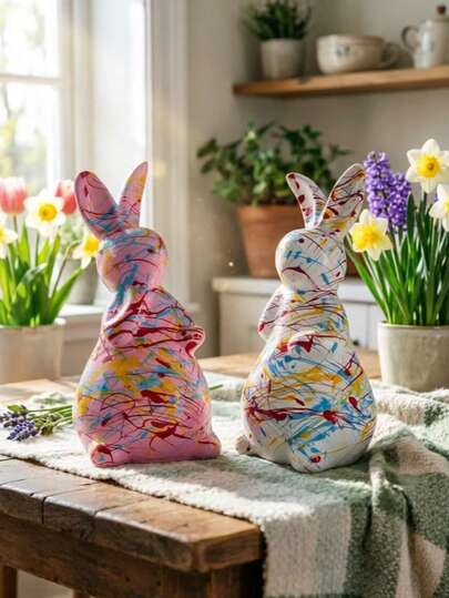 1pc Hand-Painted Splatter-Style Rabbit Ornament - A Unique Abstract Art Resin Rabbit Decoration, An One-Of-A-Kind Centerpiece For Spring Home Decor And Easter Dining Tables, Suitable For Country-Style Bookshelves(Due To The Use Of Ink Splashing Techniques, The Lines And Pigments Of Each Work Are Different, But The Differences Are Not Obvious.)