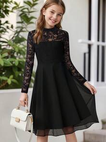 Elegant Tulle Lace Chiffon Knee-Length Dress, Suitable For Festivals, Parties, Weddings, Graduations And Other Occasions, A-Line Lace Dress - Black - View 1