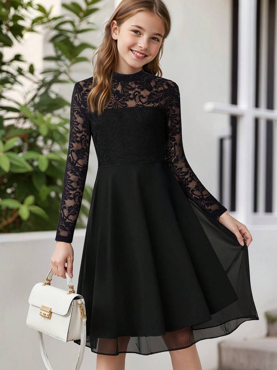 Elegant Tulle Lace Chiffon Knee-Length Dress, Suitable For Festivals, Parties, Weddings, Graduations And Other Occasions, A-Line Lace Dress - Black - View 1