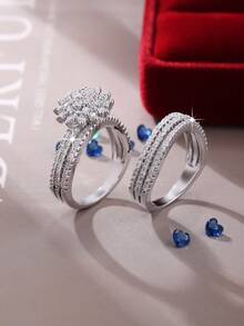 两件套奢华优雅向日葵立方氧化锆戒指套装，美式波西米亚风格珠宝，适合周年纪念、生日派对、晚宴等场合，是送给女朋友的完美优雅礼物。 - 銀色 - 查看 2