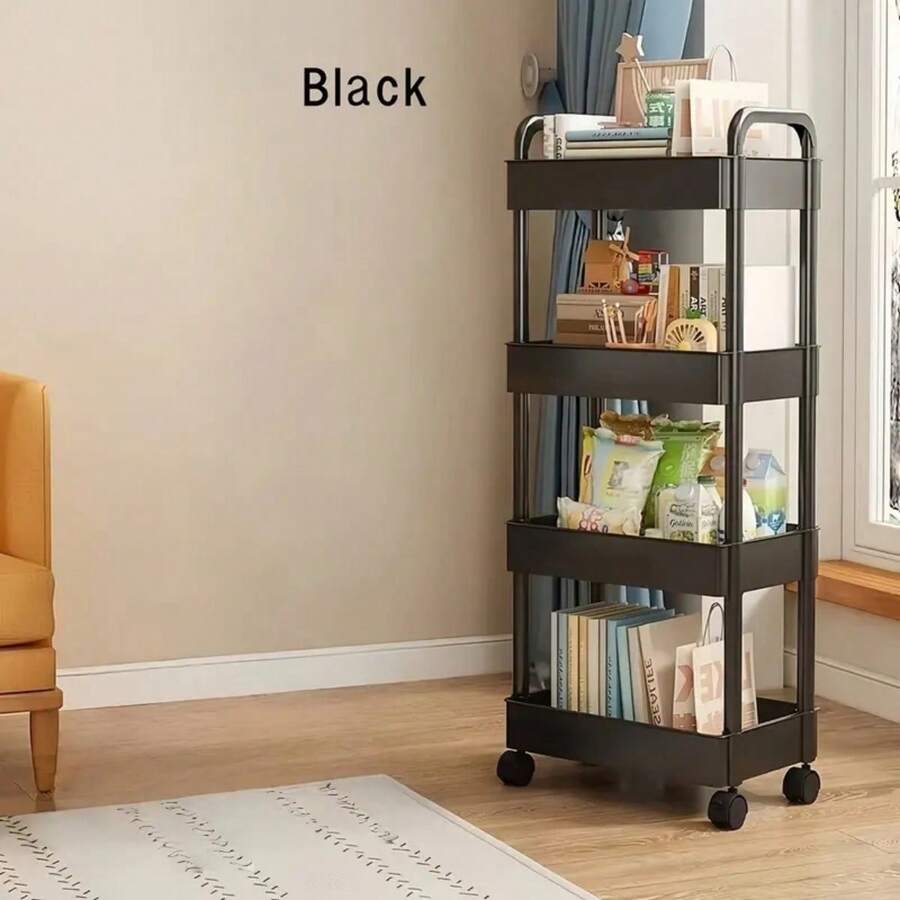 4-Tier Black & White Rolling Storage Cart With Wheels – Rattan-Style Plastic Organizer For Bedroom, Kitchen, Bathroom & Office | Mobile Shelf For Books, Snacks, Cosmetics & Tools Home Organization Essential For Renters, Students & Minimalists - 黑色加厚 - 查看 1