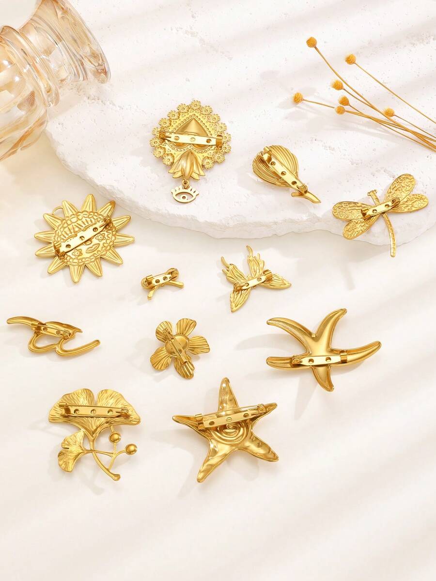 Broche de aço inoxidável com design de estrela-do-mar, flor, laço, estrela e formas geométricas. Acessório de joalheria elegante e minimalista para mulheres, ideal para uso diário, festas e eventos. - Ouro amarelo - Ver 1