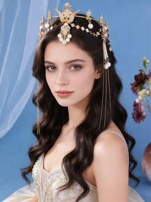 1pc Women's Golden Crystal Tassel Forehead Jewelry, Bridal Wedding Headpiece, Party & Event Hair Accessory - 金色 - 查看 2