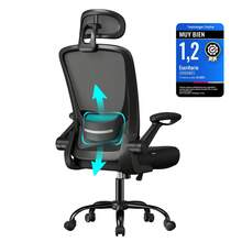 SONGMICS Silla de Oficina de Malla, Silla Ergonómica Giratoria con Soporte Lumbar, Reposacabezas, Apoyabrazos Abatibles, Negro - Negro - Ver 8