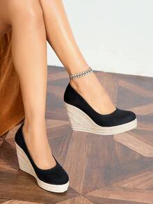 Women's Platform Wedge Shoes, Black Faux Suede Round Toe Woven Wedge Slip-On Pumps - Black - View 12