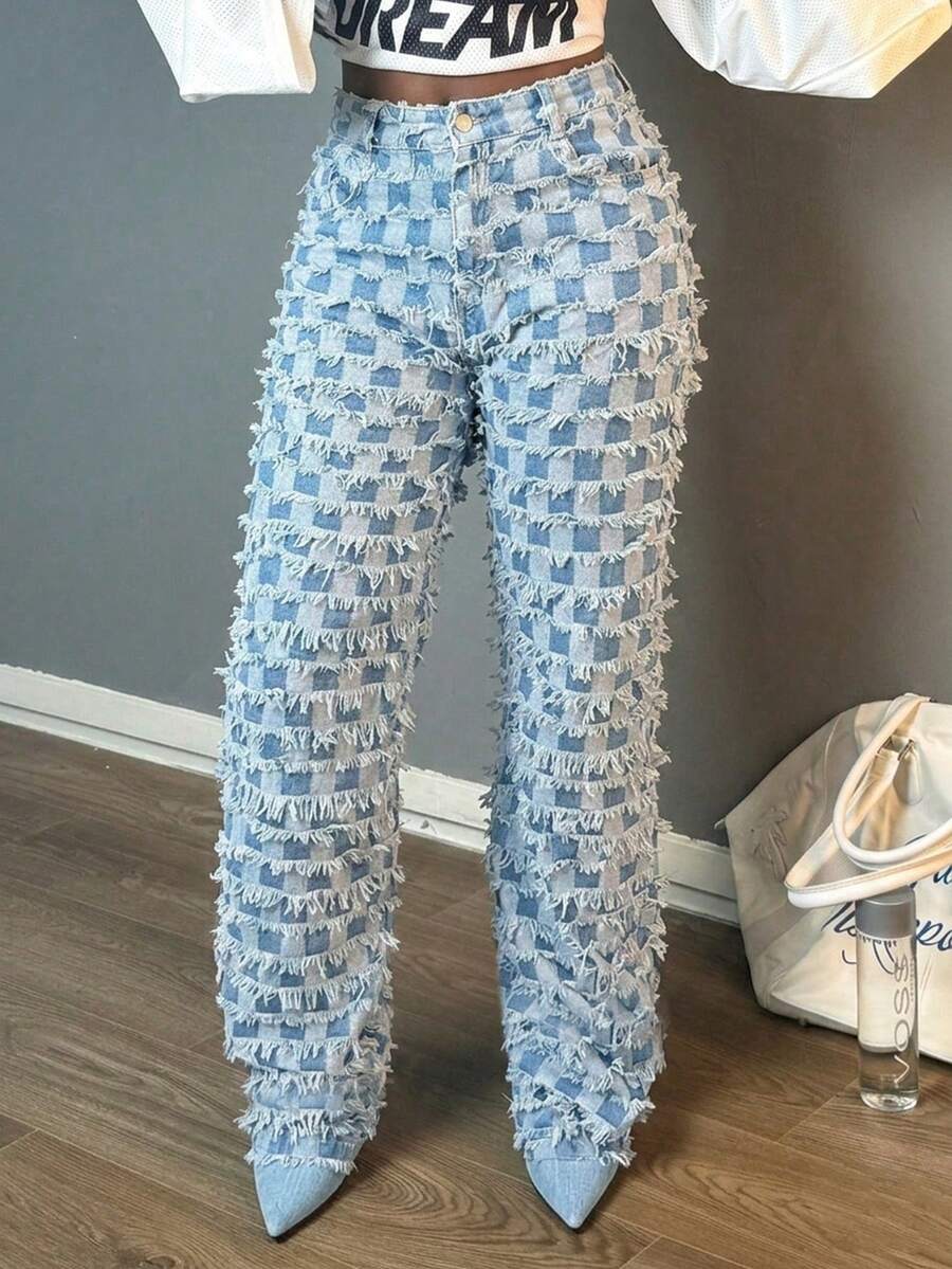 休闲中腰直筒牛仔裤，男友风牛仔裤，舒适宽松水洗蓝色直筒牛仔裤，欧美街头风度假装扮 - 藍色 - 查看 1