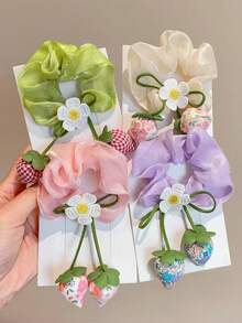 Bộ 4 chiếc dây buộc tóc co giãn dễ thương dành cho thiếu nữ, họa tiết hoa và dâu tây, phụ kiện tóc tối giản và thanh lịch. - Nhiều màu - Xem 19