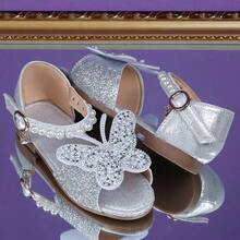 Giày sandal công chúa hở mũi, lưới satin đính kim cương lấp lánh mới năm 2026 dành cho bé gái - Đế mềm chống trượt. - Bạc - Xem 6