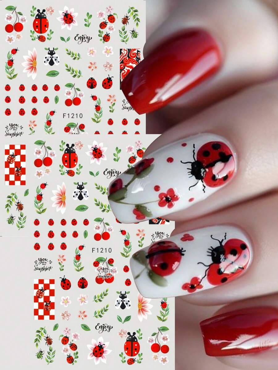 2 buc 3D Ladybug Nail Art Stickers Drăguț Desene Animate Insecte Flori de Cireș Frunze Autocolante Autoadezive Nail Decals Primăvară-Vară DIY Nail Art Design Manichiură Decorare - Multicolor - Vizualizare 1
