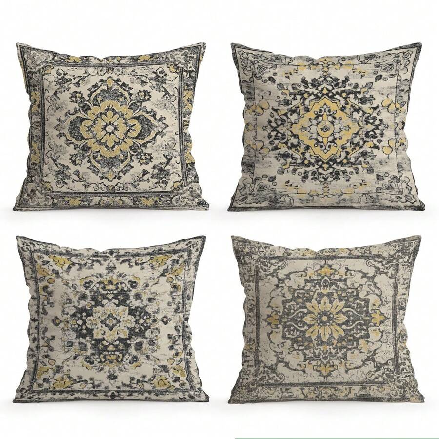 4pcs Bohemian Rug Pattern Cushion Cover Set - Peach Velvet Pillow Case, Decorative Pillow Covers Suitable For Living Room Sofa Bedroom, Pillow Inserts Not Included - Multicolor - View 1