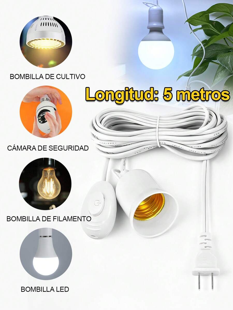 Cable de extensión de 5 metros, con casquillo E27, soporte de base y soporte para colgar; rosca blanca apta para bombillas LED, compatible con la mayoría de los accesorios de iluminación, fácil de instalar, ideal para lámparas de cabecerada, de escritorio, de pared y para iluminación comercial.