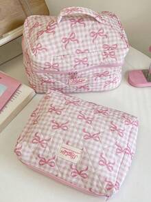 Bolsa de viaje multifuncional de gran capacidad con estampado de lazo y cuadros, bolsa de maquillaje rosa con lazo de guinga, bolsa de maquillaje rosa con lazo de guinga, organizador de cosméticos acolchado con asa, 3 tamaños para viaje y uso diario, bolsa de maquillaje rosa con lazo a cuadros, estética, bolsa de cosméticos acolchada, bolsa de aseo portátil de viaje para niñas - Rosa - Ver 18