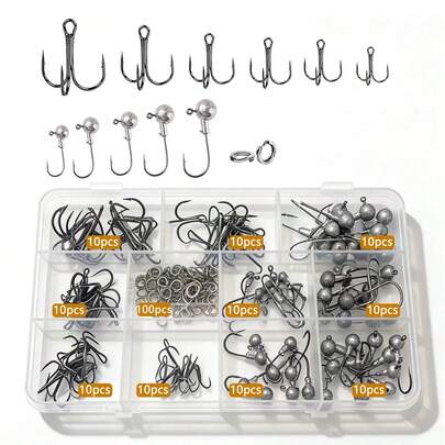 Fishing Treble Hooks Kit, Large Size High Carbon Steel Hooks 3X Strong Sharp Round Bend Hooks With Split Rings For Saltwater Freshwater Fishing 200pcs/Box Mixed 5 Size 2 4 6 8 10