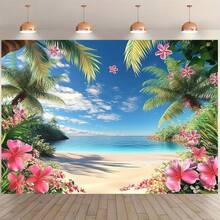 1件熱帶夏威夷海灘背景布，印有棕櫚樹與花卉圖案，適合海洋主題派對與攝影，適用於生日、婚禮、夏季派對、居家裝飾與背景佈置 - 多色 - 查看 3