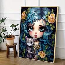 1 pièce Peinture de diamant DIY 2D Fille aux cheveux bleus avec chat, personnage de dessin animé animal floral avec forage complet, parfait pour les cadeaux de vacances - Voir 5