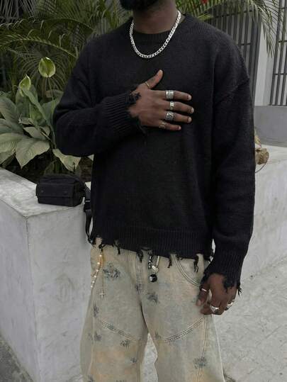 ANDREILEE Suéter de cuello redondo de manga larga, estilo callejero unisex de otoño/invierno, talla grande, minimalista, de corte holgado y cómodo, con flecos y detalles desgastados