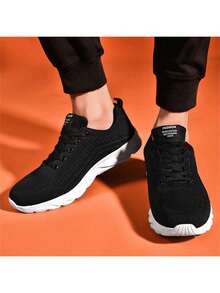 男士跑步鞋，厚底超轻舒适软底减震休闲鞋，加大码工作鞋网布 - 黑色 - 查看 10