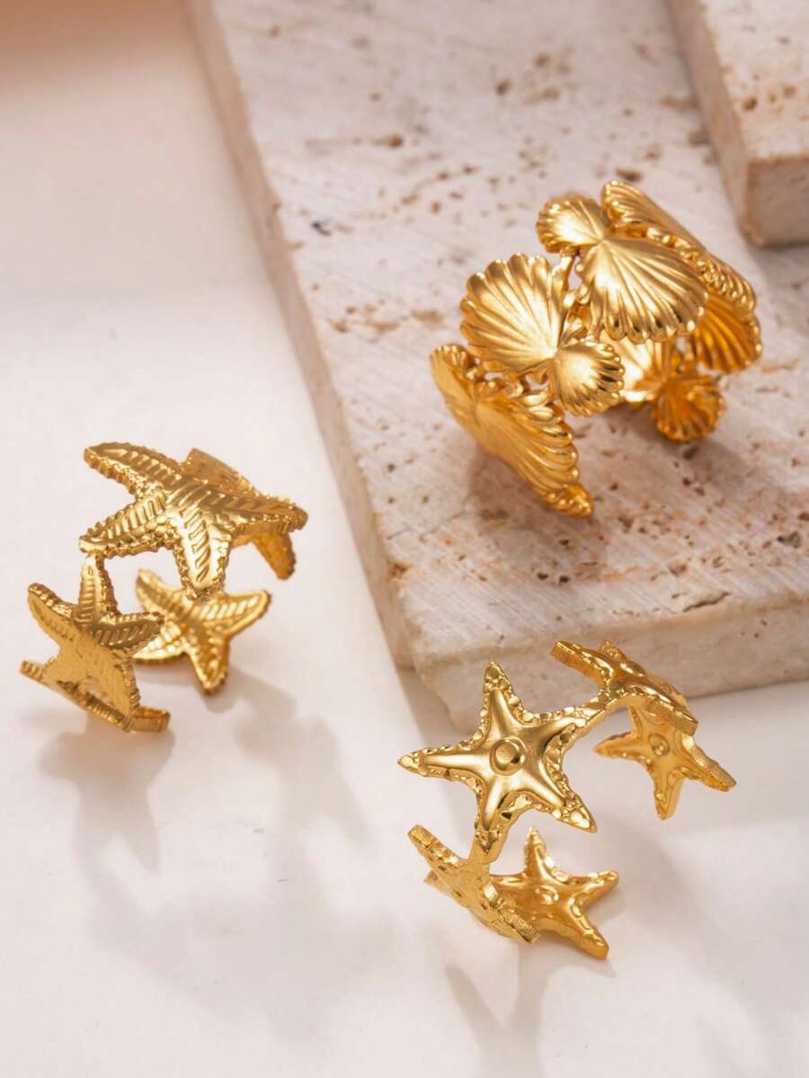 Set de 3 anillos con diseño de estrella de mar y concha, anillos apilables ajustables de acero inoxidable con estilo bohemio para mujeres - Amarillo Oro - Ver 1