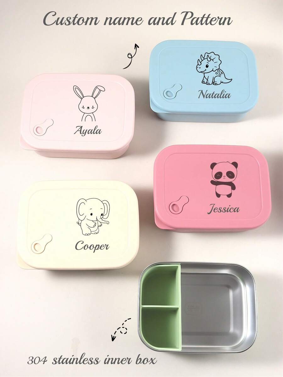 Kids Personalized Lunch Box 1200ml Stainless Steel Inner 3 Compartments Silicone Bento Box Cartoon Pattern Custom Name Leakproof Food Container, Back To School - Multicolor - View 1