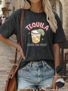 Camiseta de mujer casual y suelta de manga corta con efecto lavado, con estampado gráfico del número 84, camiseta deportiva vintage, inspirada en el estética y el s(only 1 Camiseta) - Negro - Ver 8