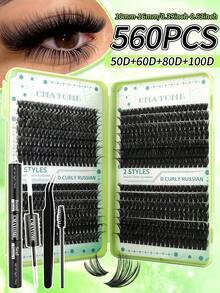 Single Cluster False Eyelashes 560 Clusters Mixed Pack | 8-18Mm Natural Thick Style | 10D-100D Fluffy And Curled | Reusable, Beginner-Friendly | Natural Fluffy Eye Makeup Artifact - Mint Green - View 14