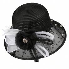 Women Organza Sun Hat Vintage Wide Brim Summer Hat With Pearls And Flowers Beach Visor Caps For Seaside Party - Black - View 6