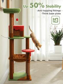 143cm Mushroom Luxury Cat Tree Large Cat Play Tower, Activity Center, Stable And Stable, Cat Tree With Hammock And Beautiful Cat House, Brown - Brown - View 3