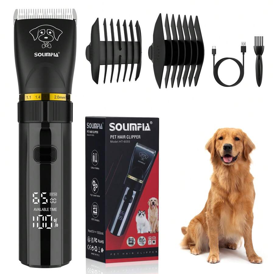 ENSSU 专业宠物电动理发器，狗狗毛发修剪器，适用于猫狗，带LED显示屏的宠物美容理发器，无线充电式电动理发器，适用于毛发浓密的宠物，5个可调节梳齿导板，可定制宠物造型，低噪音电动宠物剃毛器，持久耐用电池，专业宠物美容工具套装，爪子毛发修剪器，家用宠物美容理发器，宠物美容用品